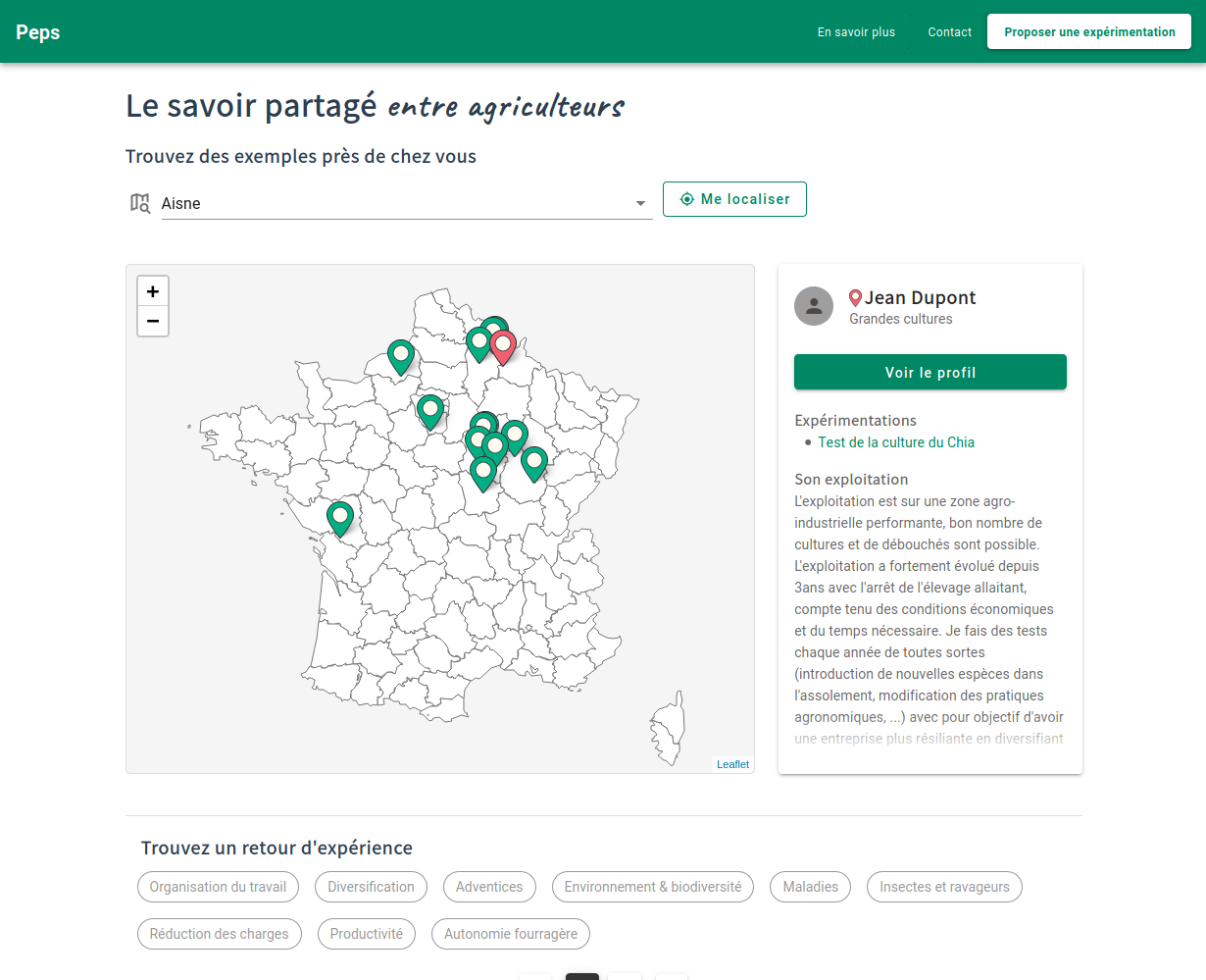 Présentation des expériences d'agriculteurs sur une carte de France Métropolitaine. À droite, une fiche présentant un résumé de l'exploitation de l'agriculteur